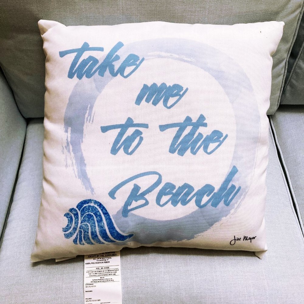 MWW, 18” x 18” Blue and White Beach Theme Throw Pillow “Take Me To The Beach”